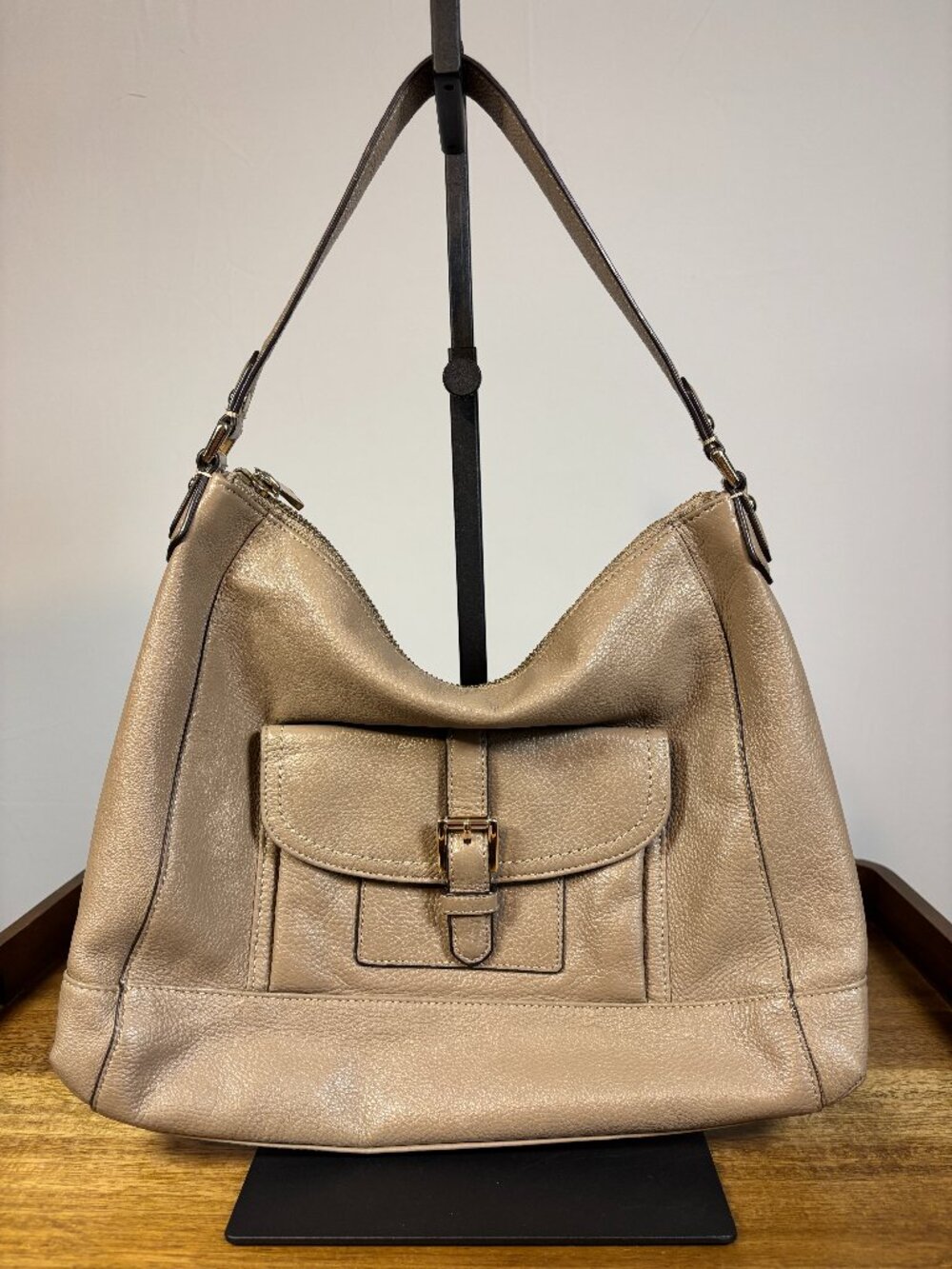Coach Charlie Taupe Gray Pebbled Leather Hobo Shoulder Bag